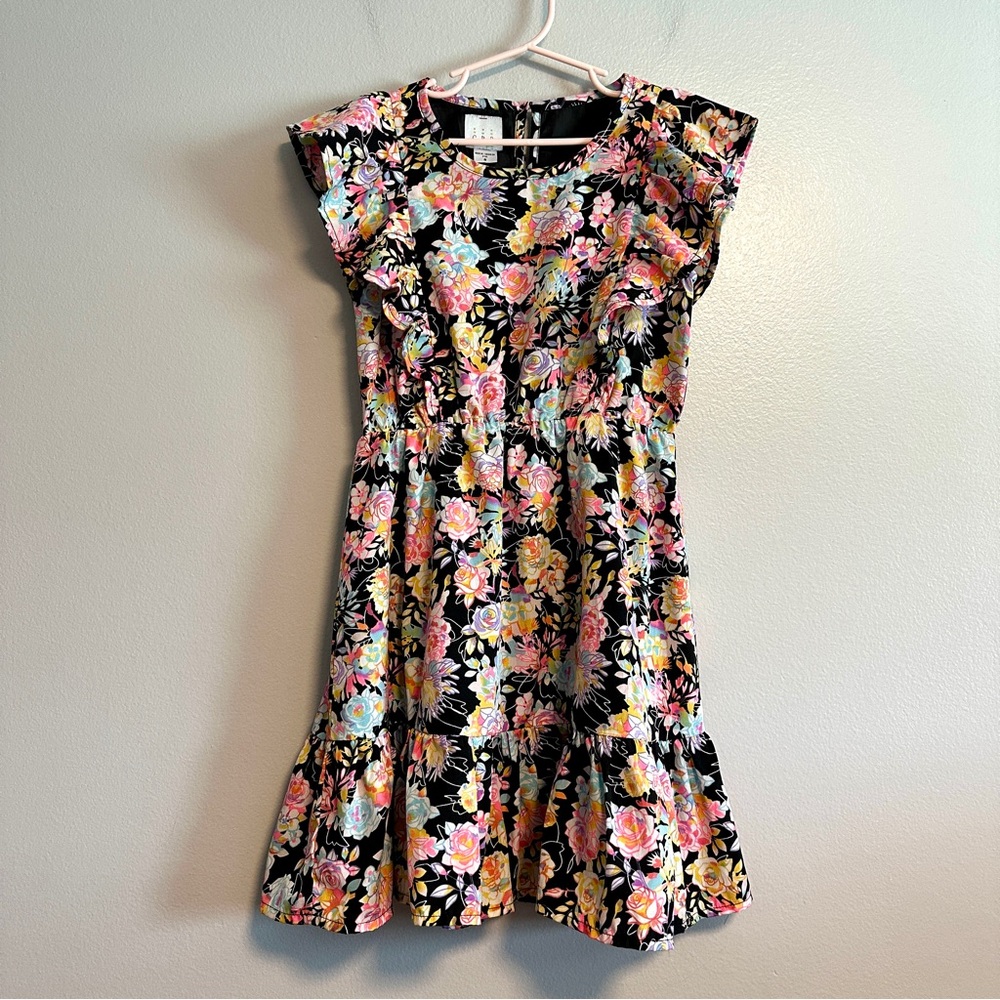 CRB Girl Colorful Floral Cap Sleeve Ruffle Detail Dress Kids Size 8